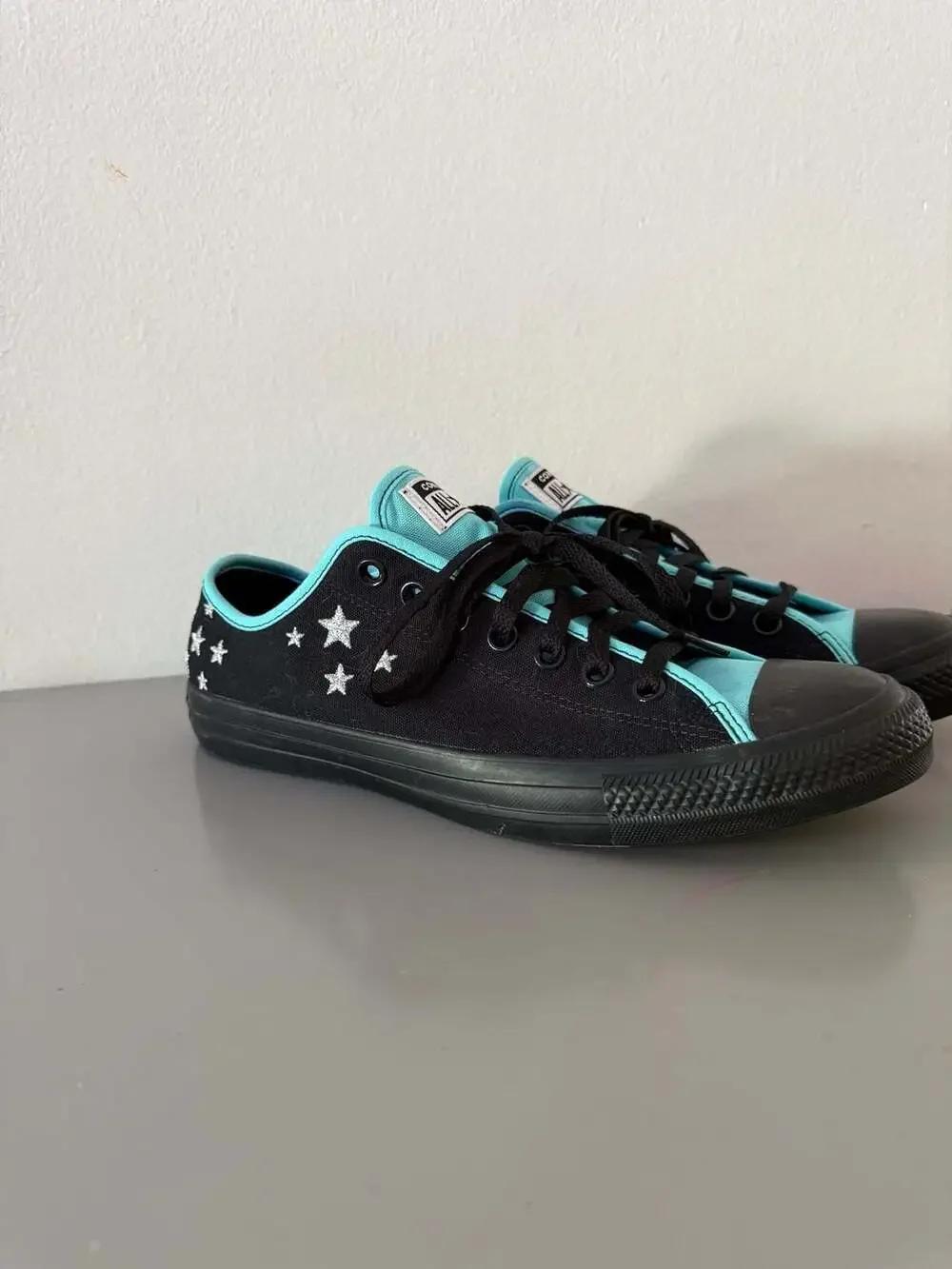 NEW CUSTOM Converse Chuck Taylor All Star Low Top Black/Aqua Star Graphic 7.5 9. - Picture 3 of 6